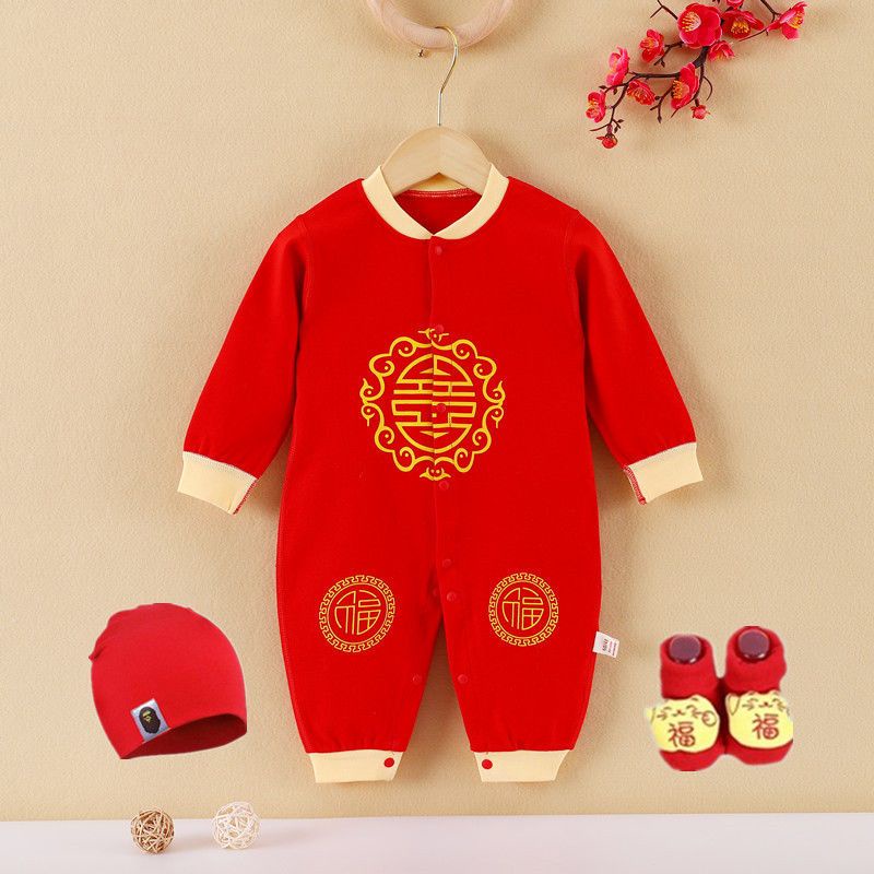 嬰兒紅襪子新生兒紅色連體百天滿月服純棉嬰兒衣喜慶寶寶哈衣爬服新年服新款