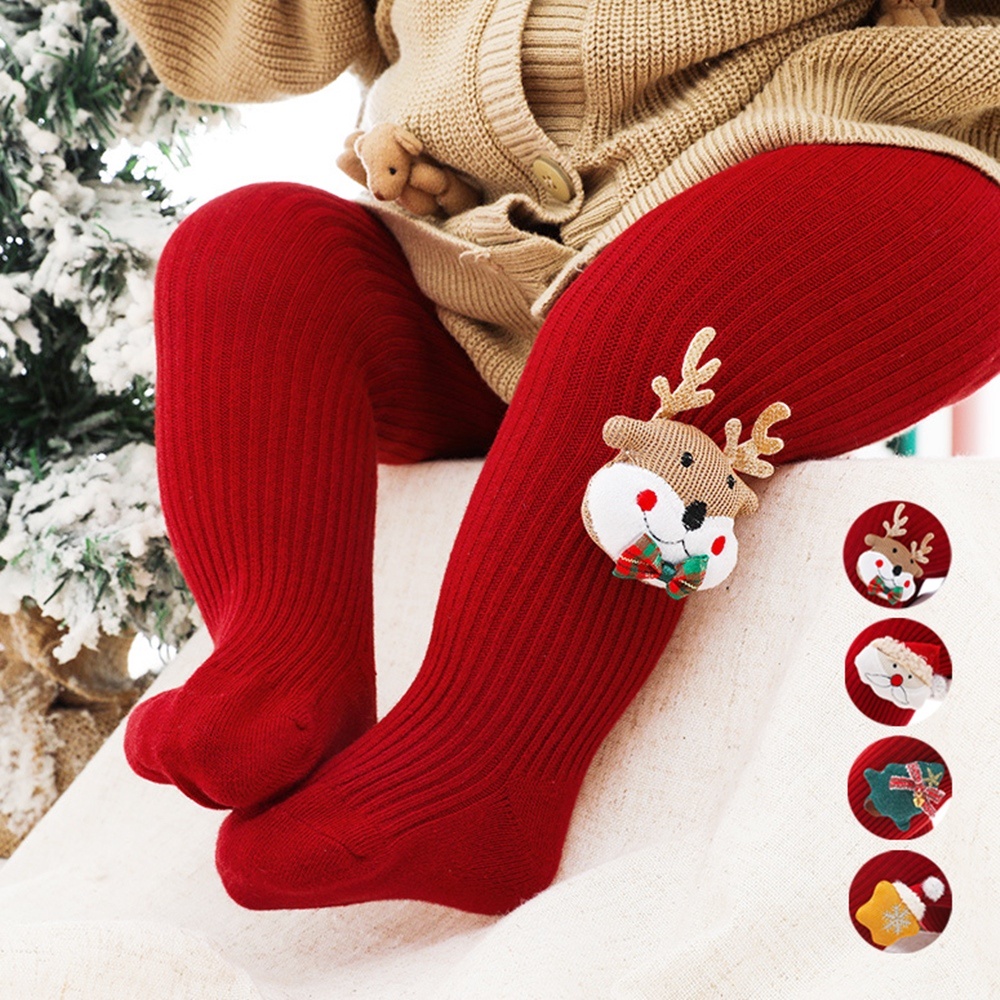 可愛聖誕公仔娃娃直條褲襪 聖誕老人 聖誕節 聖誕樹 麋鹿 耶誕 大紅 過年 洋裝搭配【】