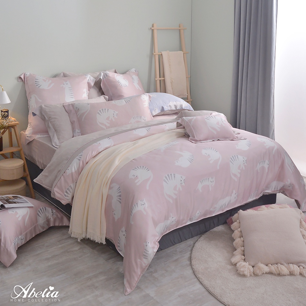 Abelia 600織天絲 兩用被床包組 雙/加/特/單包雙被 格蕾寢飾 懶懶貓 粉色 四件式 天絲