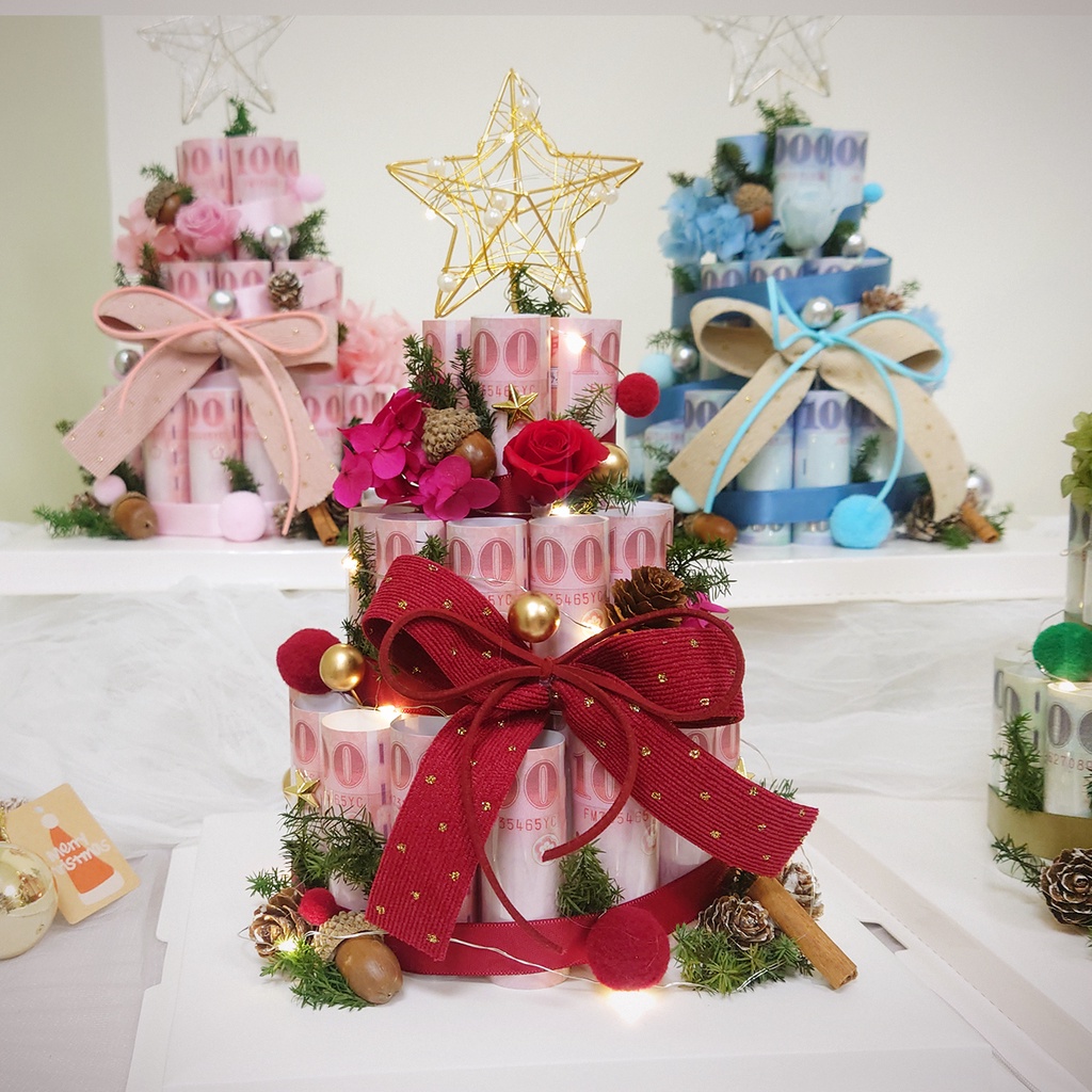 【KIRA與花花藝】星星聖誕鈔票三層蛋糕/可放30張/有錢花蛋糕 永生花 有錢花 禮物 交換禮物 錢蛋糕 聖誕節 聖誕樹