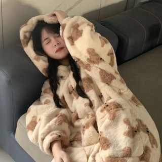 ✨ 溫暖熱賣✨ 珊瑚絨睡衣網紅ins冬季小熊新款加厚法蘭絨卡通少女家居連帽睡袍