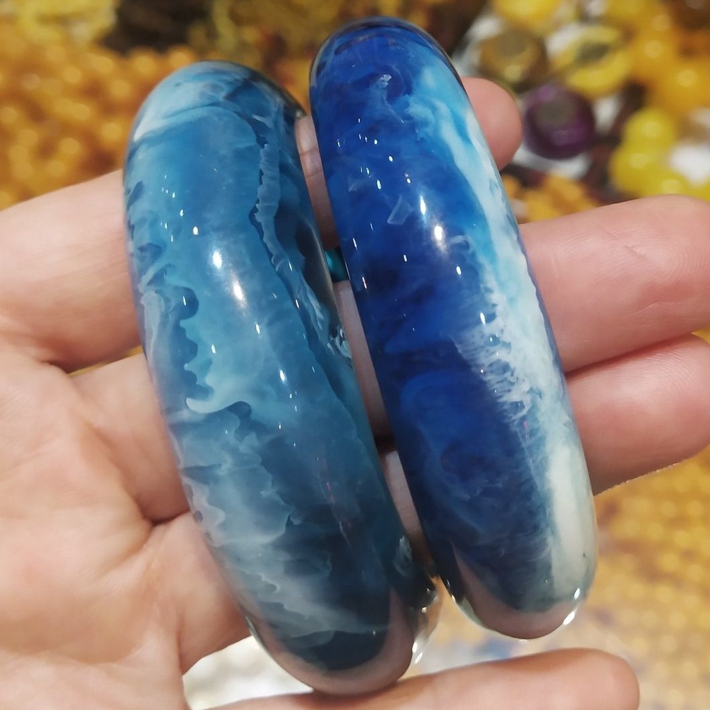 天然藍絲珀手鐲手環藍珀琥珀蜜蠟浮鹽水熒光內徑齊全女款鑲嵌手鍊