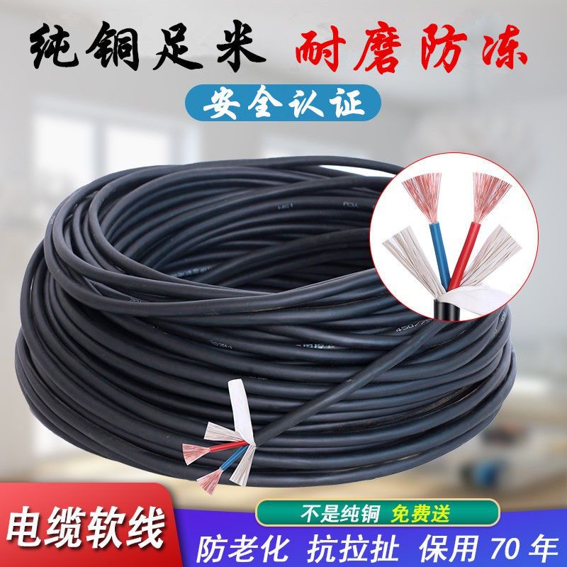 純銅RVV電纜線2芯3芯1/1.5/2.5/4/6平方家用軟電線護套線防水耐磨