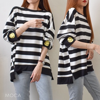 【MOCA】韓國 新款微笑袖條紋圓領T恤✨電繡 寬鬆 百搭（1738）