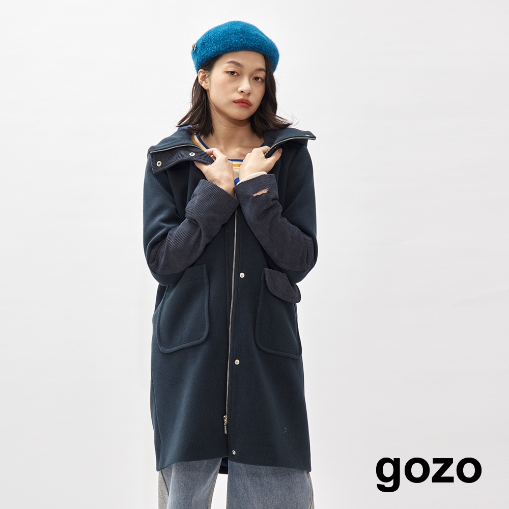 【gozo】造型條絨拼接合肩連帽大衣外套(淺綠/深藍_M/L)｜最新 顯瘦 保暖