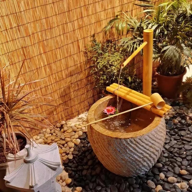 日式庭院石鉢流水水景枯山水驚鹿竹子戶外花園陽臺禪意水鉢水循環