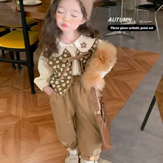 秋季新款女童套裝 女寶寶可愛娃娃領上衣 加燈籠褲 花朵小馬甲 三件式【iu貝嬰屋】