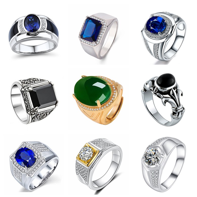 現貨 時尚男款戒指 男士指環新款時尚鍍18K鉑金鑲嵌天然鑽石彩色藍寶石戒指 5A坦桑石戒指