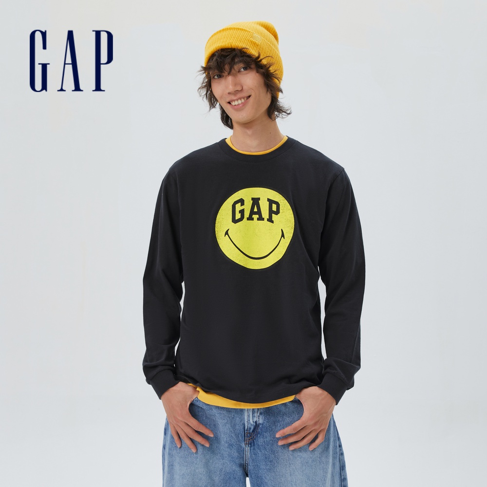 Gap 男裝 Gap x SMILEY聯名 Logo純棉長袖T恤-黑色(514077)