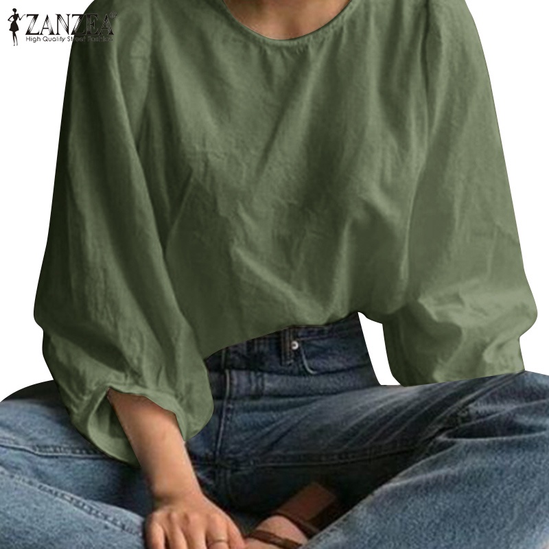 Zanzea 女式韓國日常員工棉 3/4 袖圓領燈籠袖襯衫