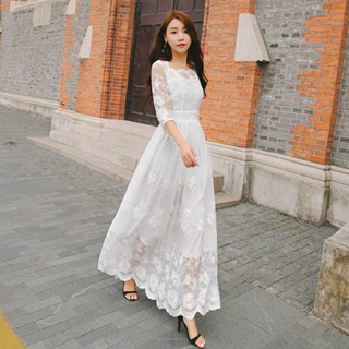 現貨在臺 🌼禮服洋裝 S-XXL 結婚小白裙 伴娘禮服裙 氣質花邊領口中長款蕾絲刺繡仙女裙 淑女氣質修身高腰長裙