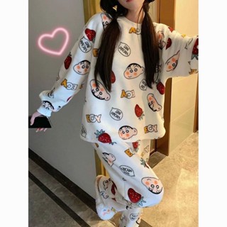 24hr出貨-🇹🇼現貨 法蘭絨 蠟筆小新類似款 男女睡衣 交換禮物珊瑚絨睡衣女秋冬季 法蘭絨 保暖日系家居服兩件套
