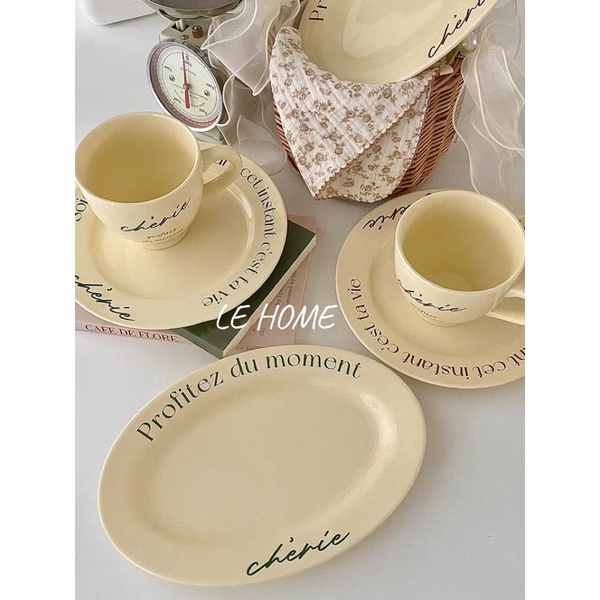 【 Le Home 】現貨｜ins風 法式 復古風 餐具 馬克杯 奶油色 法文 咖啡杯 早餐盤 魚盤