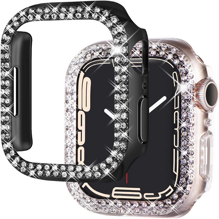 適用蘋果手錶殼Apple watch 9代雙排鑲鑽保護殼 PC電鍍鑲鑽鏤空殼 iwatch 456789代鏤空錶殼