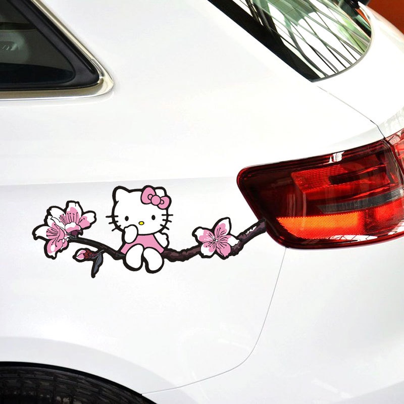 汽車貼紙 Hello Kitty 花枝卡通可愛可愛寶寶粉色裝飾窗戶擋風玻璃後備箱保險槓摩托車