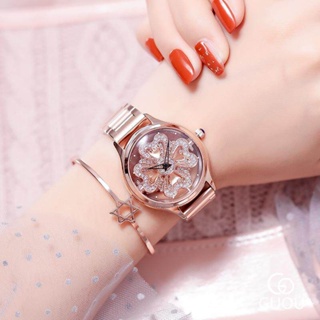 Guou 心形鏤空女士手錶鋼帶時尚精美百搭石英女士手錶