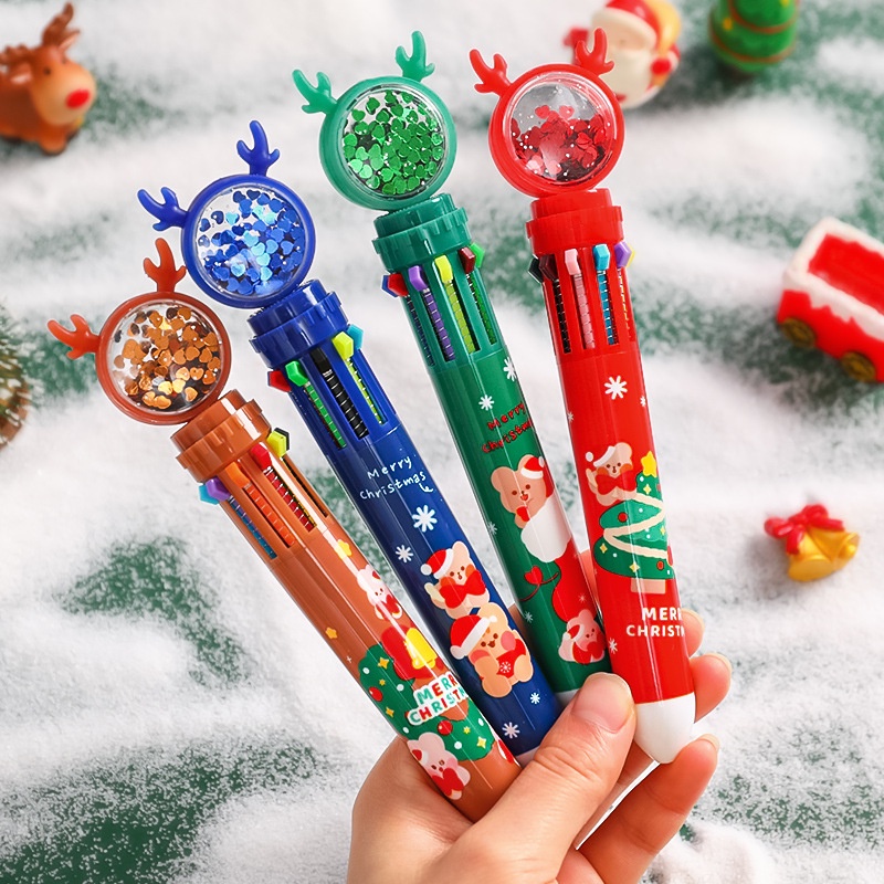 聖誕麋鹿10色原子筆 卡通高顏值手賬筆 學生文具多色原子筆 可愛麋鹿十色按動筆 十色合一聖誕節文具