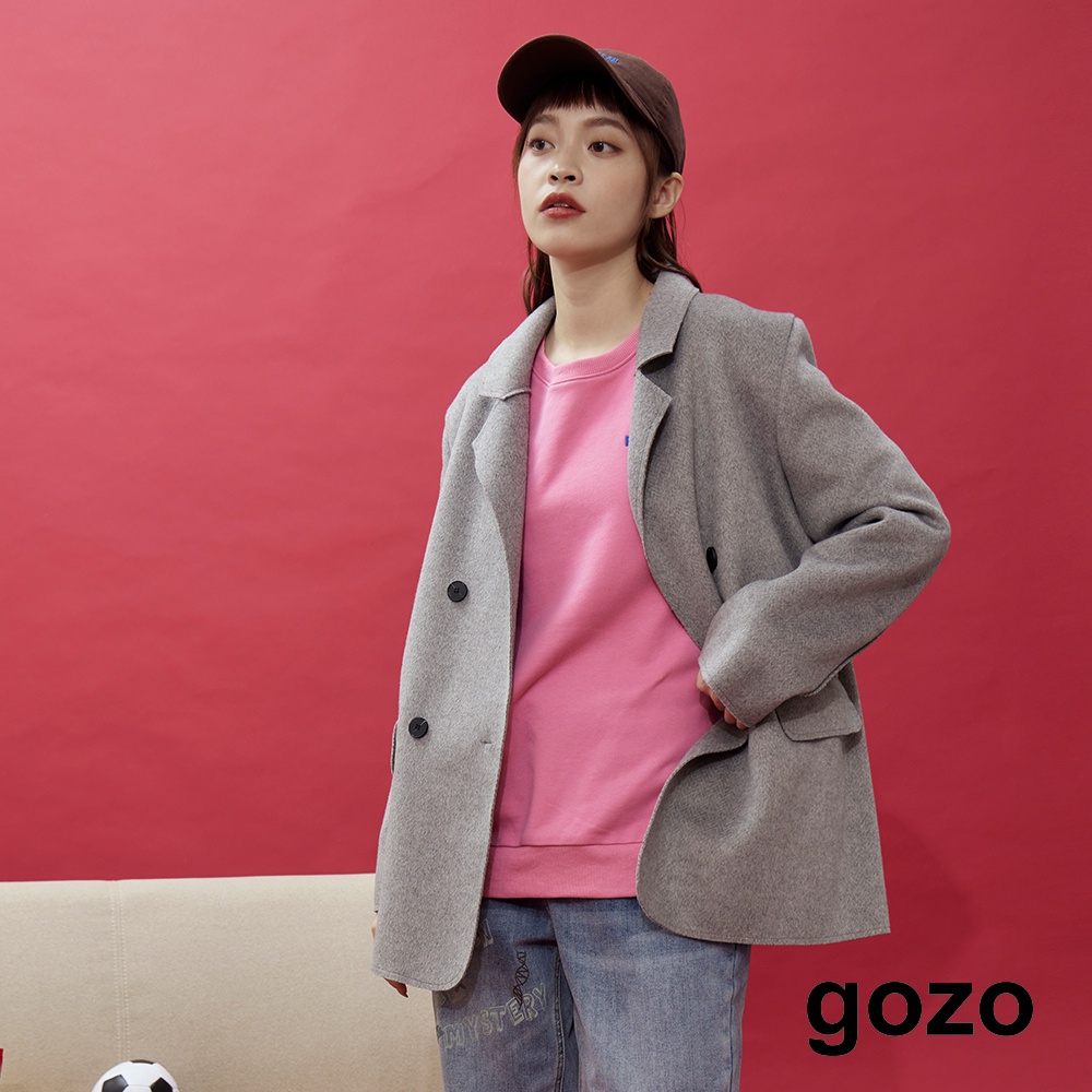 【gozo】◢毛呢西裝領雙排釦大衣外套(灰色/黃色_F)｜女裝 修身 百搭