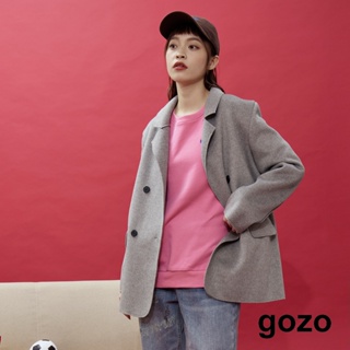 【gozo】◢毛呢西裝領雙排釦大衣外套(灰色/黃色_F)｜女裝 修身 百搭