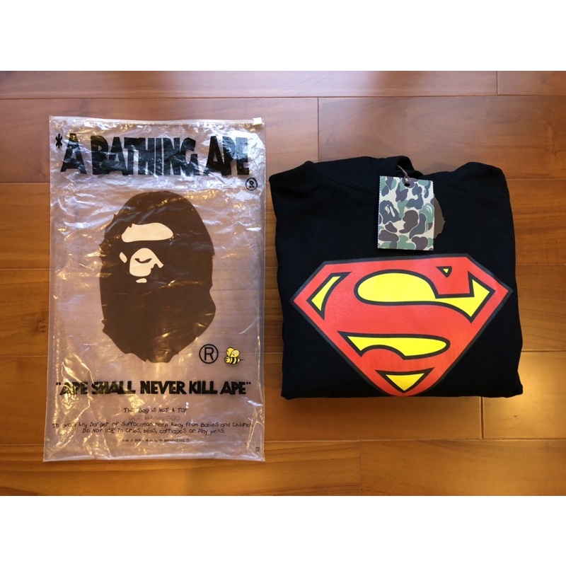 經典老品 日本製 NIGO Bape x DC comics Superman 超人 聯名 黑色 長袖連帽上衣 S號