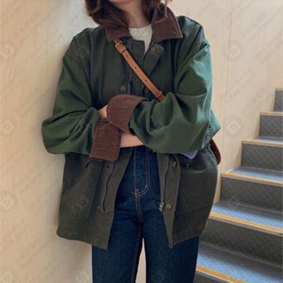 夾克外套女2023新款韓版寬鬆百搭設計感氣質小個子工裝外套風衣女軍綠色燈芯絨領子上衣#AJA