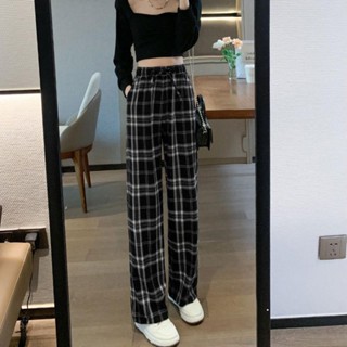 Summer22 女孩有貨 黑白格紋寬鬆長褲 歐膩長褲 口袋長褲 闊腿褲 休閒長褲 鬆緊格紋褲 格紋休閒褲 D2053