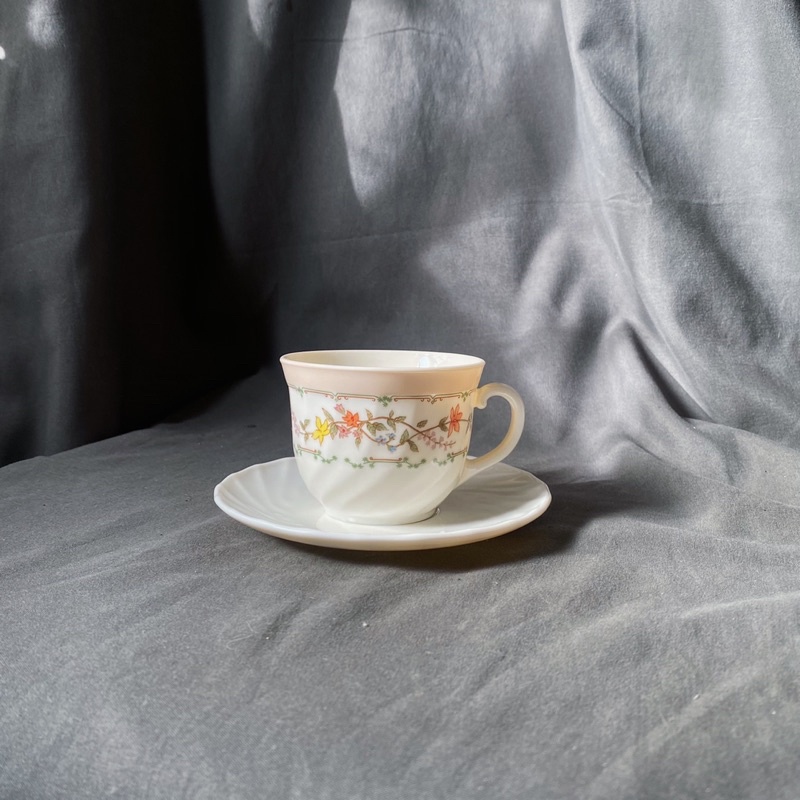 {{ 老叢 }}☕️早期法國Arcopal印花牛奶玻璃紅茶杯盤組