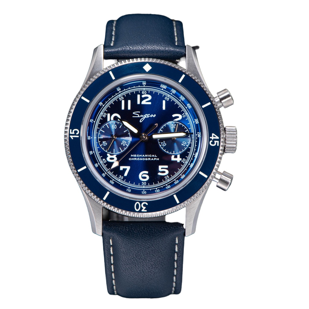 AF Store* Sugess S423 藍色錶盤 復古計時碼錶 真皮錶帶 手動上鍊 海鷗機芯 ST1901 機械錶