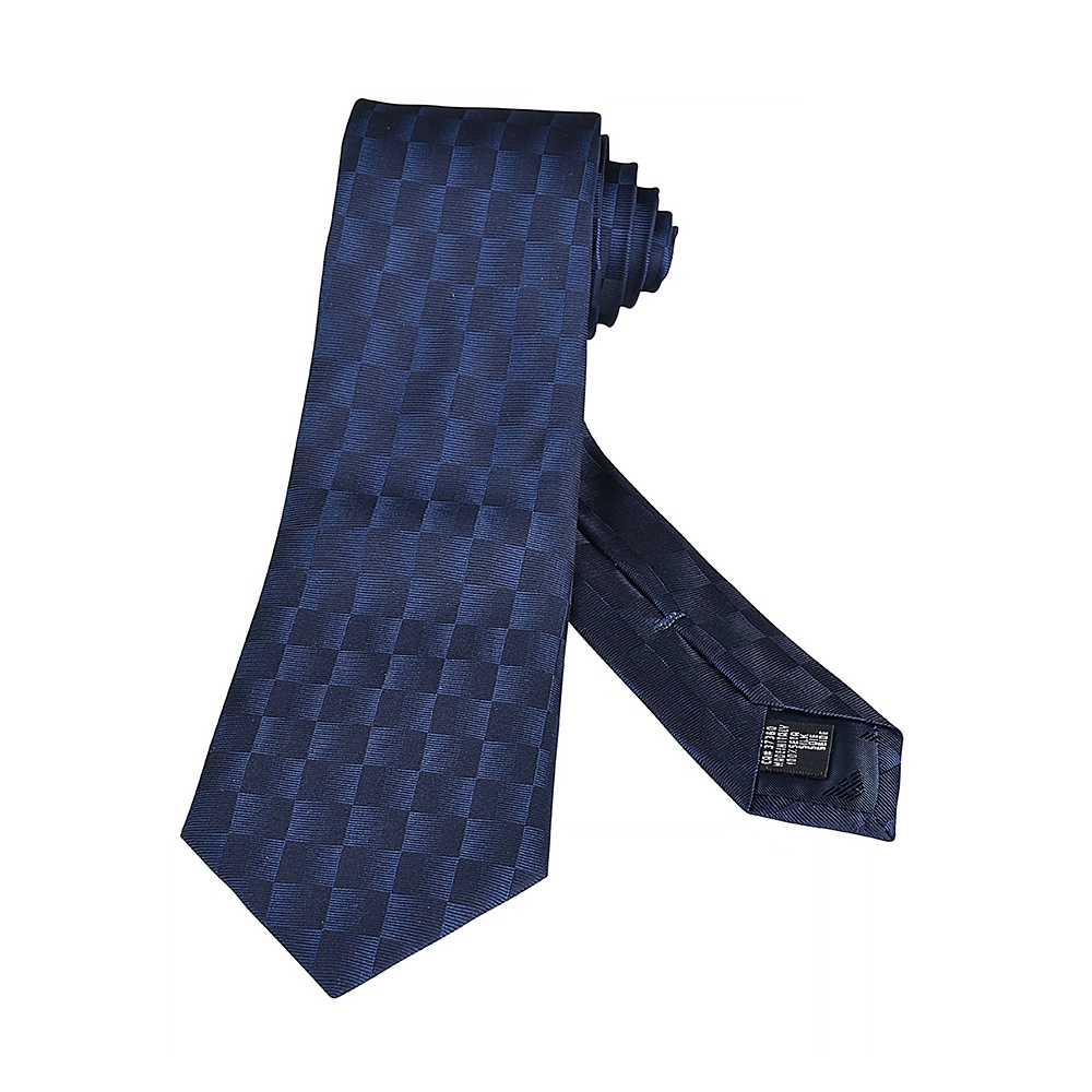 EMPORIO ARMANI刺繡老鷹LOGO漸層雙色格紋設計真絲領帶(寬版/午夜藍x黑)