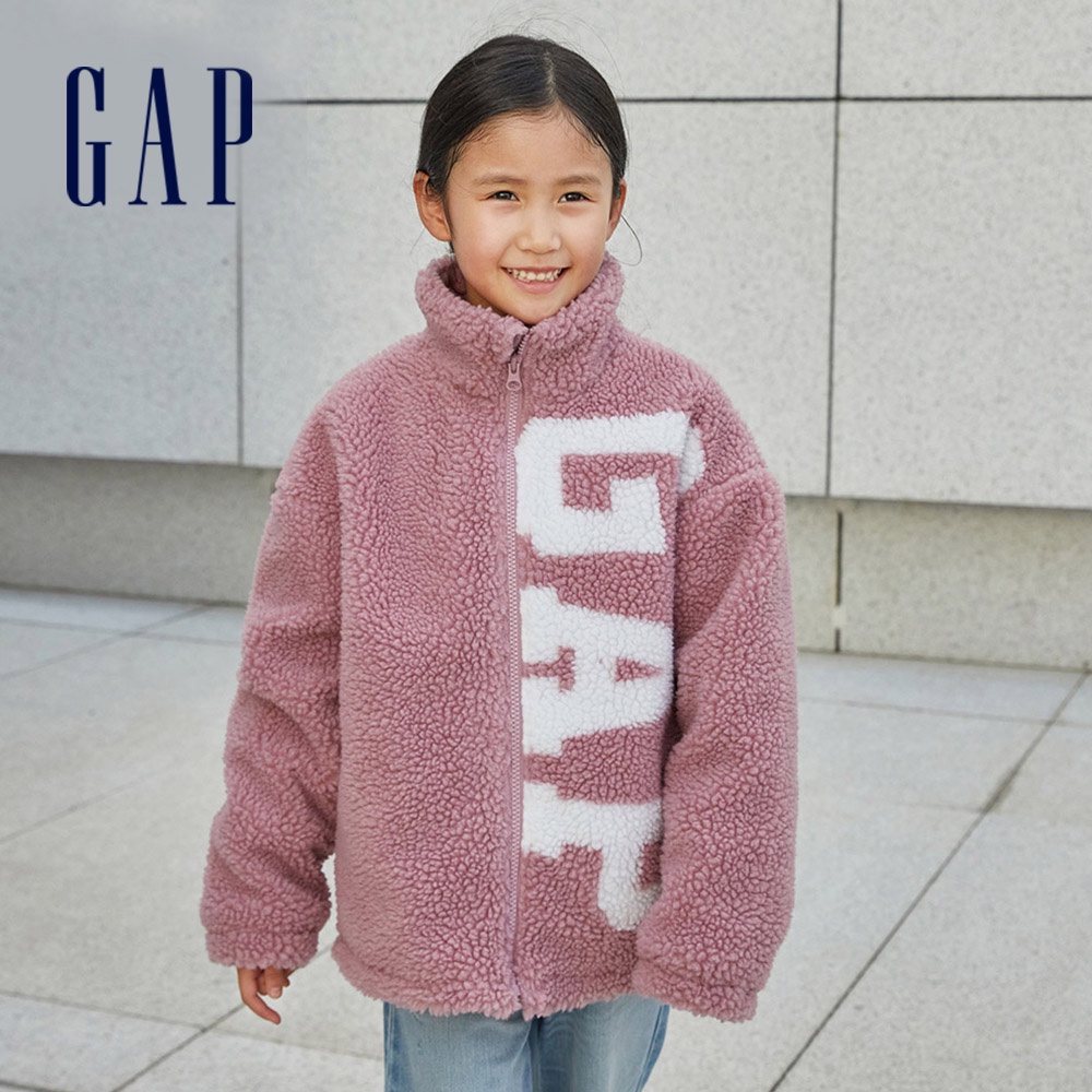 Gap 兒童裝 Logo仿羊羔絨保暖立領外套-粉色(446036)