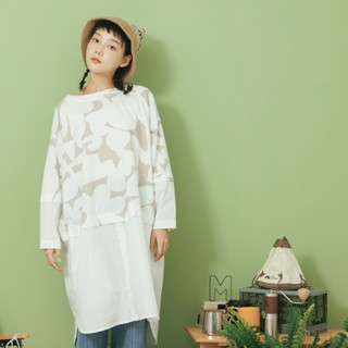 【MOSS CLUB】不規則印花布假兩件後綁帶-女長袖洋裝 假兩件 藍 白 咖(三色/版型適中)