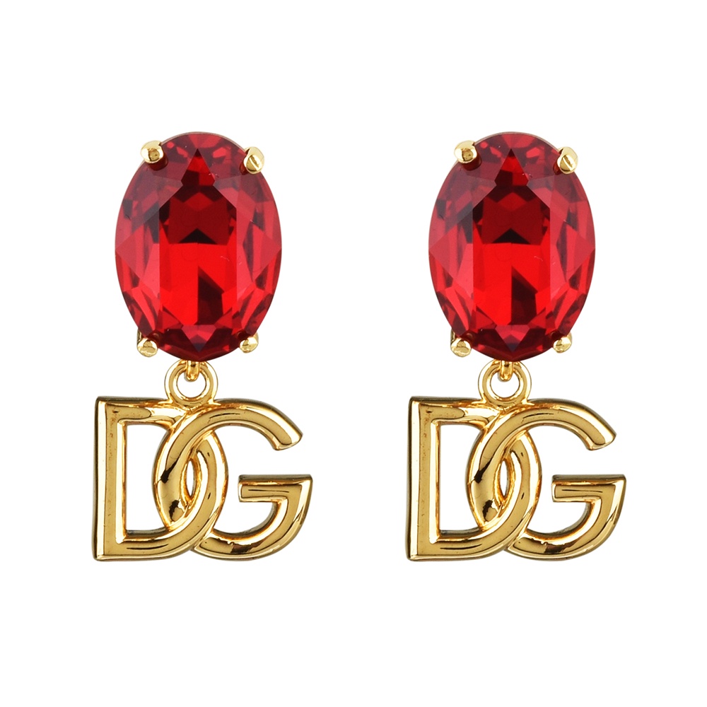 D&G DOLCE&GABBANA 金屬LOGO鑽鑲飾垂墜夾式耳環(紅)