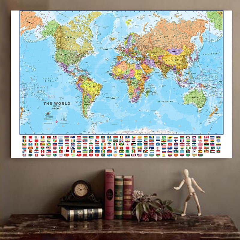 經典世界地圖 - 教育地圖大海報印刷品壁掛藝術乙烯基和無紡布背景布牆壁裝飾