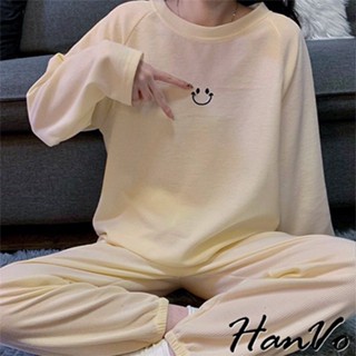 【HanVo】華夫格笑臉睡衣套裝 舒適可愛家居服秋冬長袖長褲 韓版女裝 女生衣著 A08-5936