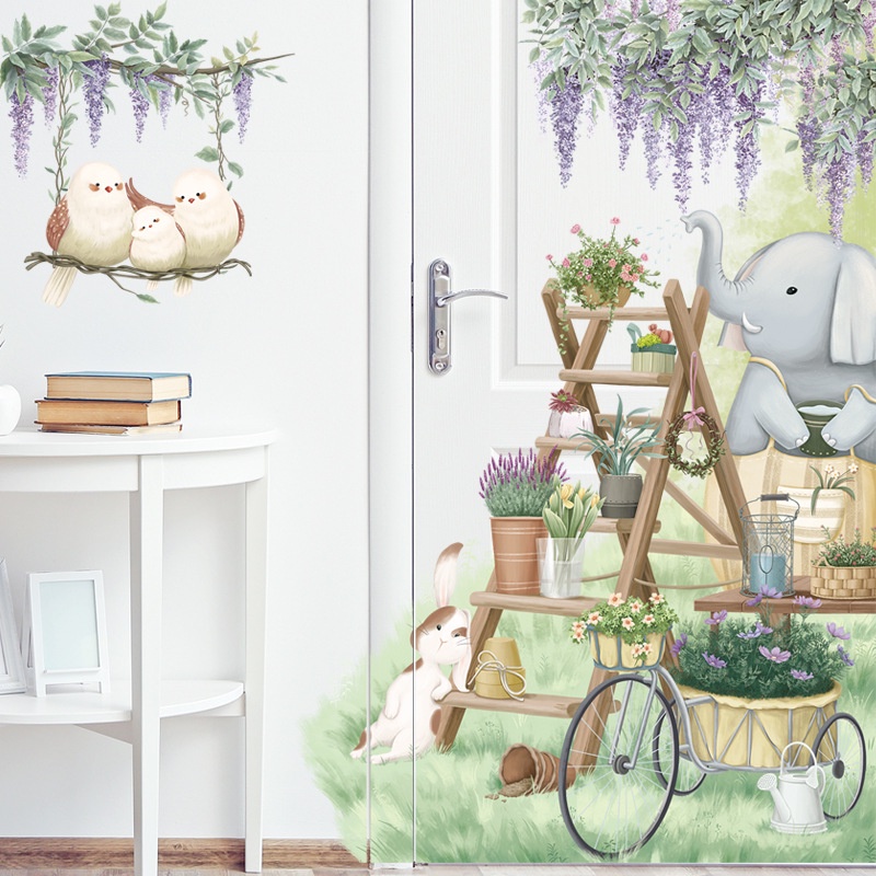 五象設計 紫色藤蔓裝飾貼畫卡通大象小鳥臥室背景壁紙盆裁植物可移移壁紙
