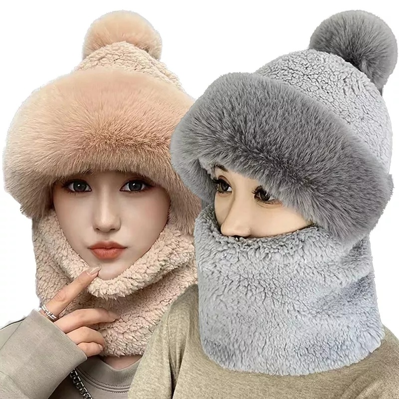 冬季無簷小便帽圍巾套裝連帽女式毛絨羊絨領保暖俄羅斯戶外滑雪防風帽厚毛絨蓬鬆無簷小便帽