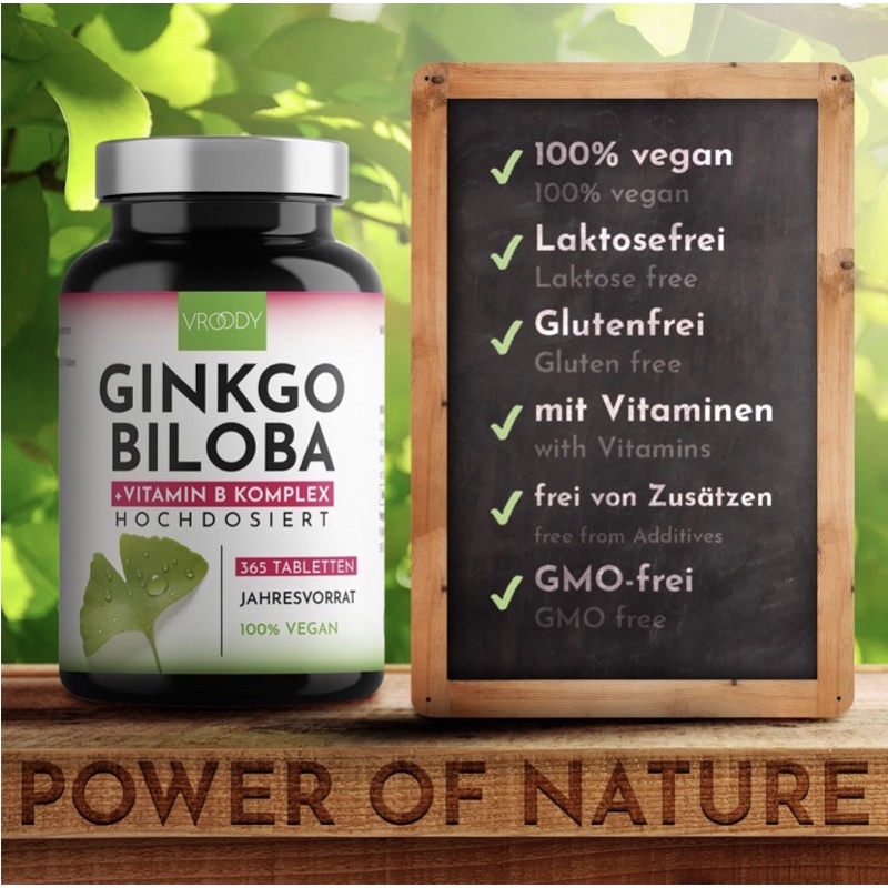 德國高純度 銀杏365顆/瓶 純素 含維生素B E 奧地利製造VROODY Ginkgo Biloba 小片劑