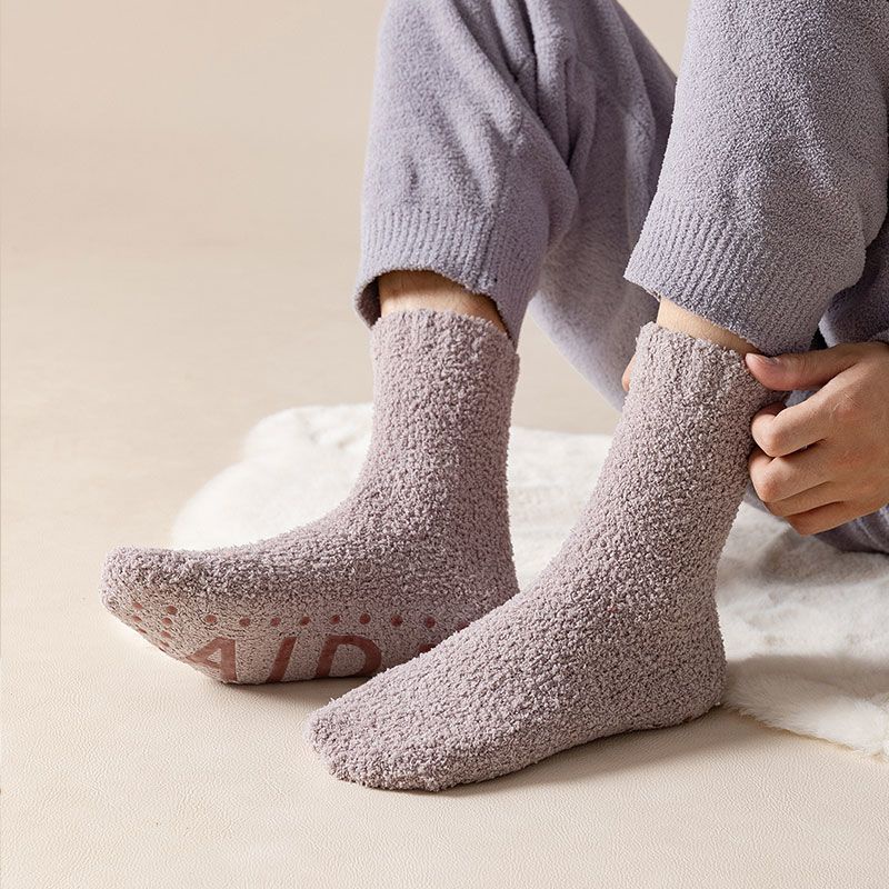 老人鬆口襪加厚珊瑚絨襪子男中筒秋冬加厚保暖防滑地板襪睡眠冬季中筒襪 紳士襪 棉襪