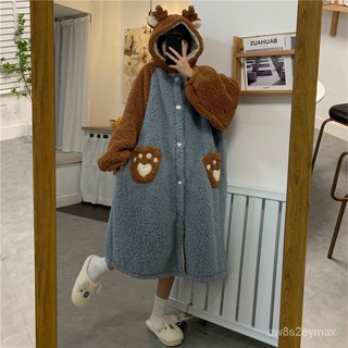 免運 限時特價 加絨加厚日係睡衣可愛耳朵連帽毛茸茸睡衣裙子女鞦鼕季睡袍寬鬆傢居服珊瑚絨加厚睡袍長毛絨流行睡衣優質特價