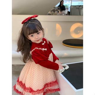 女童 連衣裙 秋冬季 洋氣 兒童 公主裙 旗袍 寶寶 周歲禮服 紅色 新年裝