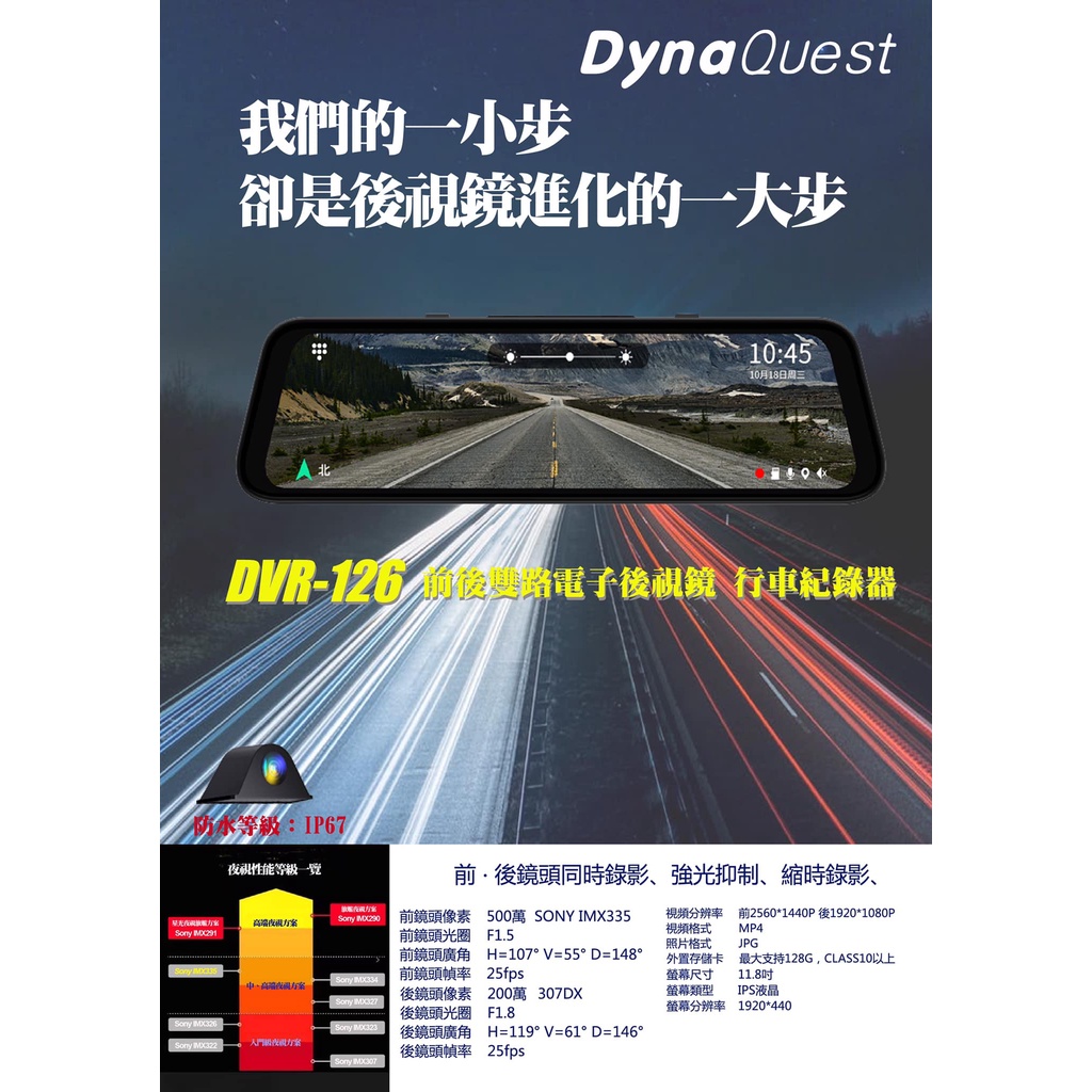 DynaQuest DVR-126 12吋電子後視鏡前後行車紀錄器11.88吋觸控螢幕。1080P DVR126