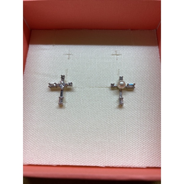耳環十字架型珍珠鑽石💎