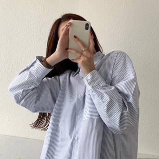 【HOSS】藍色條紋襯衫女韓國寬鬆設計感打底襯衣時尚百搭疊穿長袖外套上衣ins