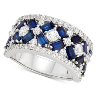 925 純銀華麗水晶圓形帶藍色矩形 CZ 戒指女士頂級品質婚禮珠寶週年紀念女士戒指