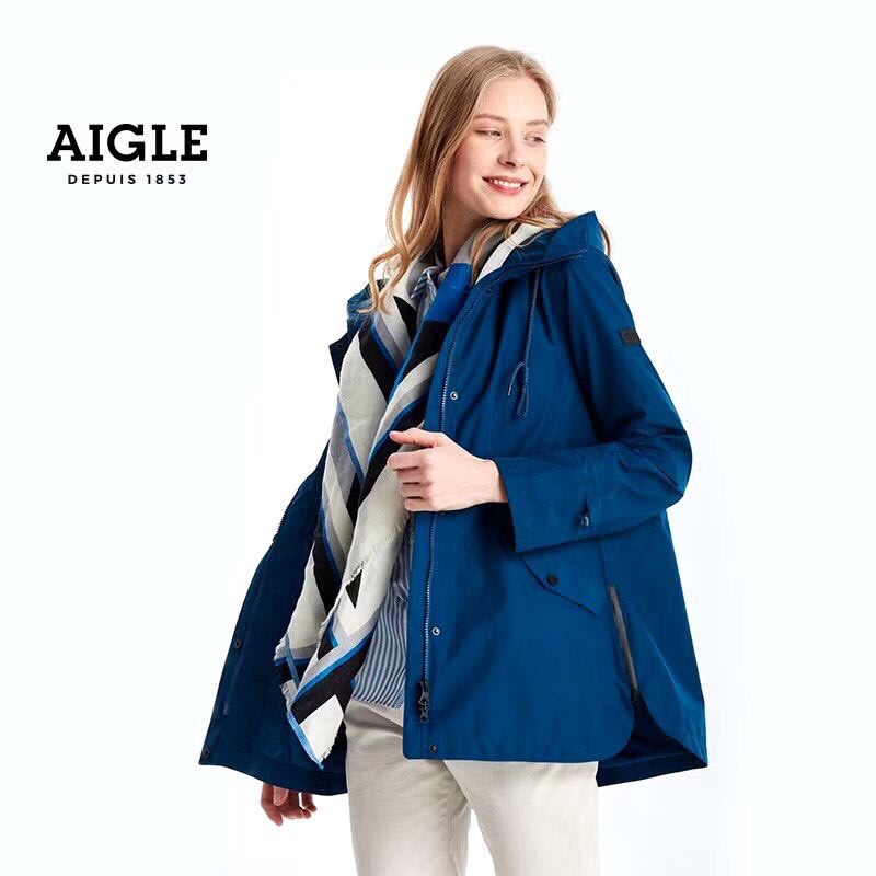 【AIGLE】幾何圖騰羊毛圍巾(法國藍/白/海軍藍）