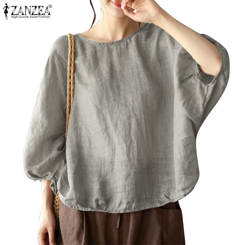 Zanzea 女式複古日常 3/4 蝙蝠袖寬鬆純色襯衫