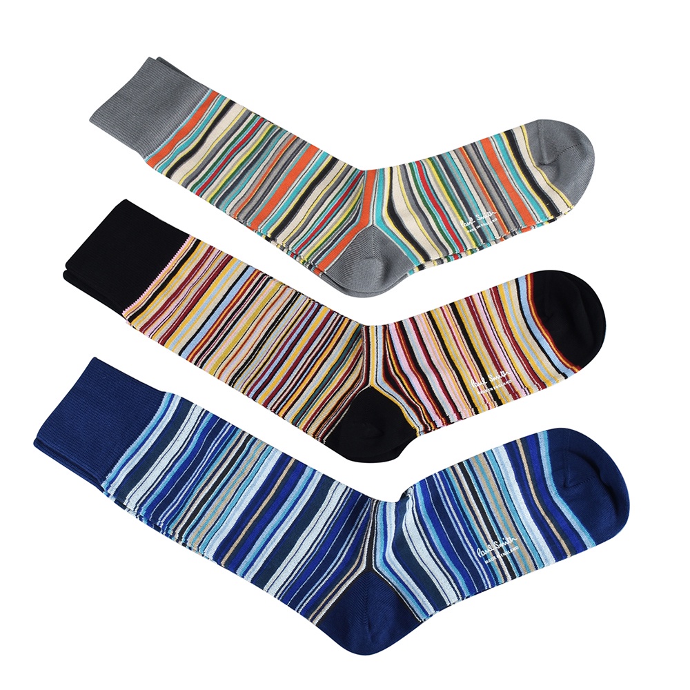 PAUL SMITH 白字LOGO條紋設計棉混紡長筒襪組(藍x黑x灰/3雙入)