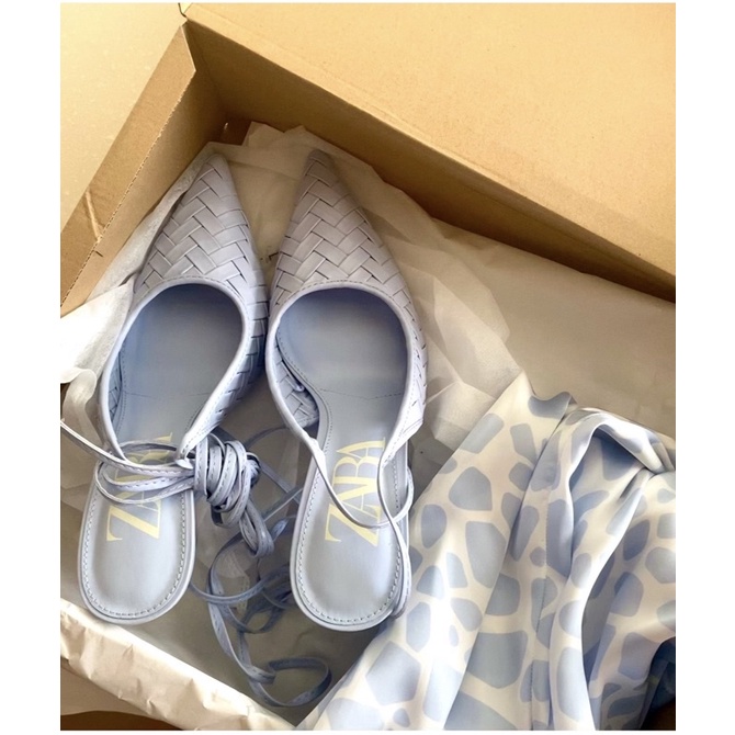 「僅試穿」［Zara] 寶寶藍編織尖頭高跟鞋