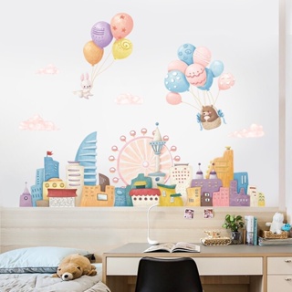 Image of 【Zooyoo壁貼】卡通城堡兔子小熊熱氣球壁貼 可愛彩虹雲朵兒童房間幼兒園早教中心裝飾牆貼