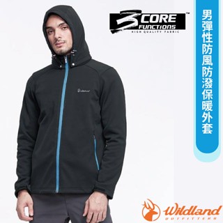 【荒野 WildLand】男 款彈性防風防潑保暖外套.休閒機能刷毛連帽夾克 黑 0A82926-54